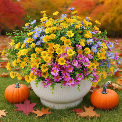 Artificial Mums for Outdoors 16 Bundles UV Resistant Plants Yellow Faux Sile Daisy Fake Plastic Eucalyptus for Fall