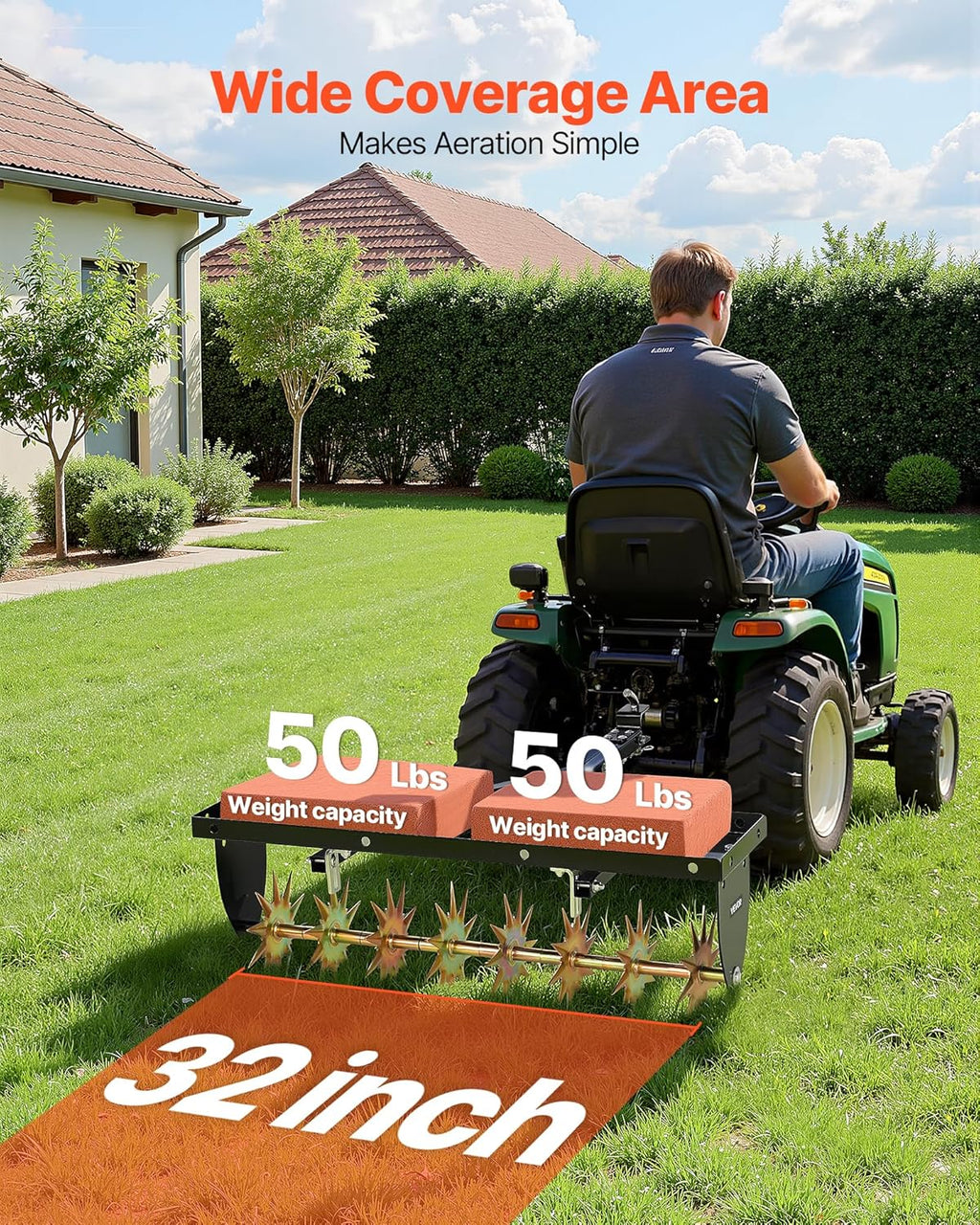 Tow Behind Plug Aerator, 32 in Lawn Spike Aerator with Universal Hitch, Heavy Duty & Rust-Resistant, Pull Behind