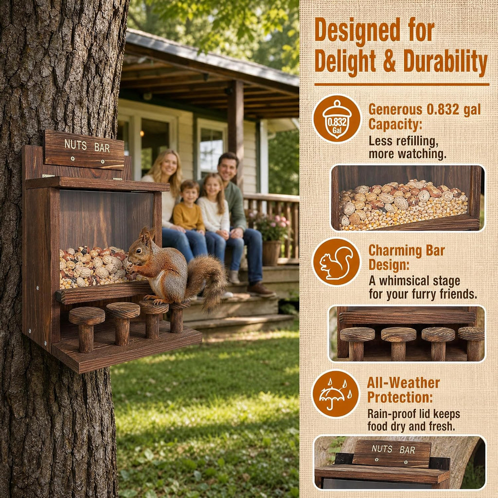 Wooden Squirrel Feeder, Squirrel Bar Feeder with 4 Stools, Large Capacity Outdoor Squirrel Feeder, Weatherproof