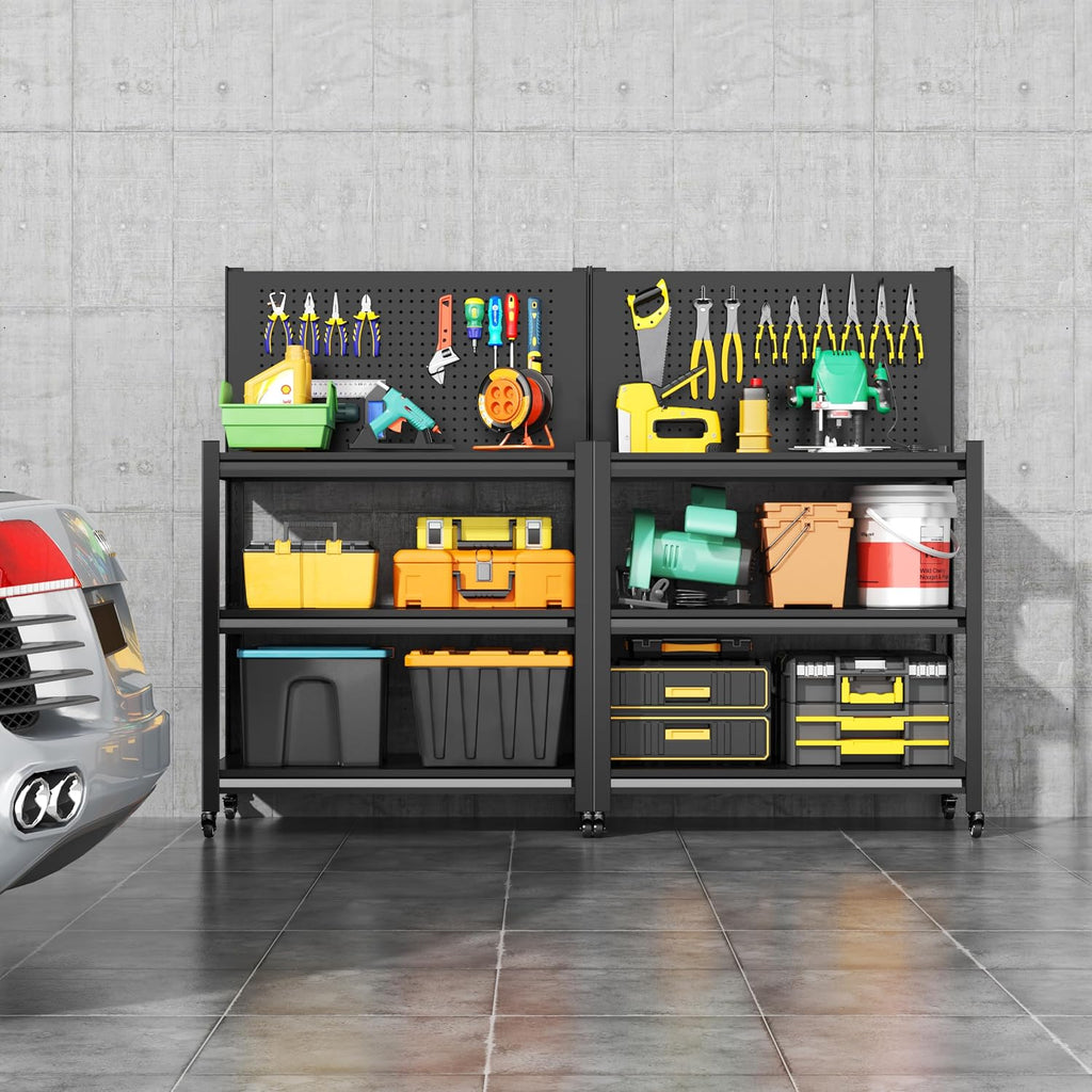 Metal Work Bench with Pegboard, 3 Adjustable Storage Shelves & 4 Lockable Rolling Wheels, Heavy Duty Rolling Garage