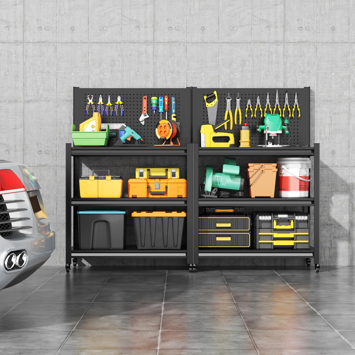 Metal Work Bench with Pegboard, 3 Adjustable Storage Shelves & 4 Lockable Rolling Wheels, Heavy Duty Rolling Garage