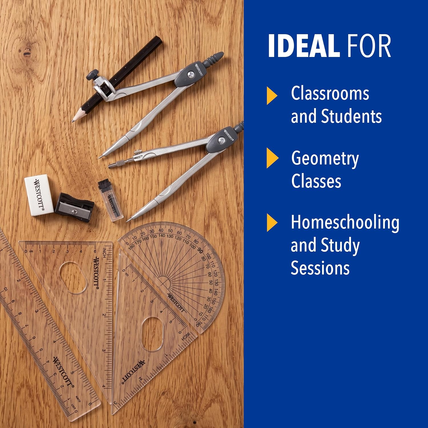 10-Piece Math Set for Students, Includes 2 Compasses, Protractor & Ruler, Back to School, Classroom, School Supplies