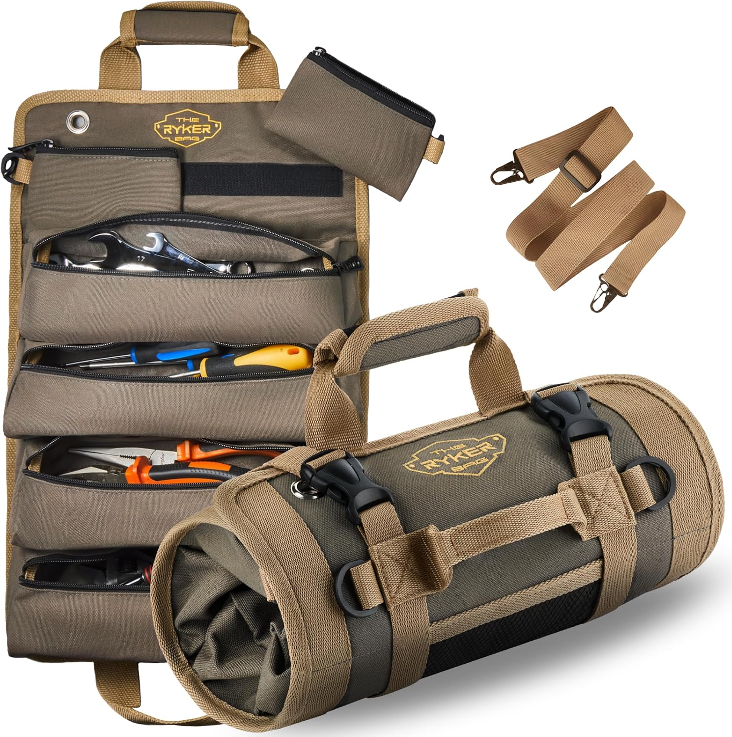 The Ryker Roll Up Tool Bag Organizer Gifts for Dad. Heavy Duty Motorcycle Tool Roll Bag Organizer. Portable Rollup