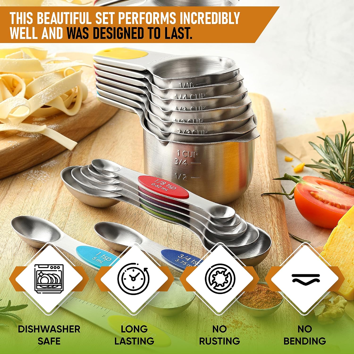 Magnetic Measuring Cups & Spoons Set, Patented, Strong N45 Magnets, Heavy Duty Stainless Steel Fits in Spice Jars for