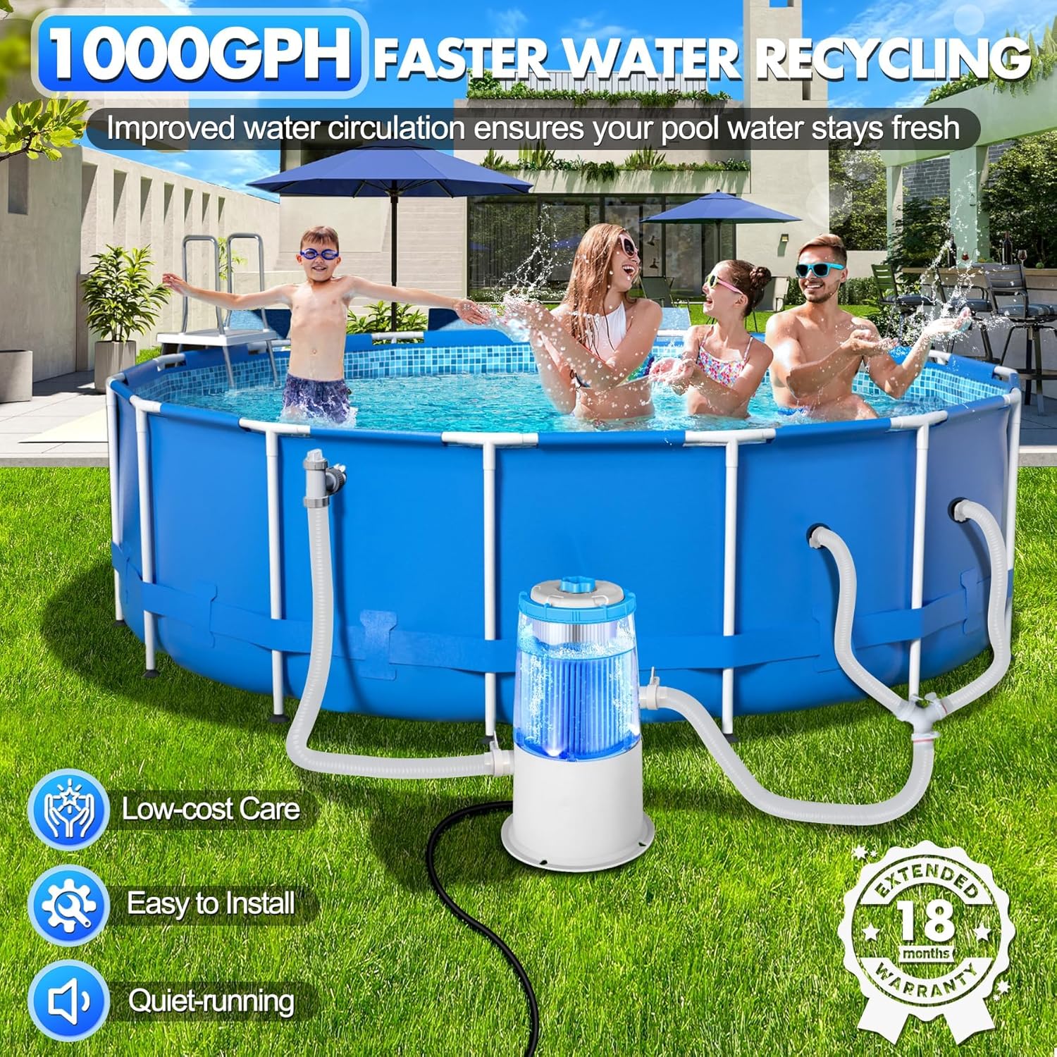 1000 GPH Light-Up Pool Filter Pump for Above Ground Pool|Built-in Blue LED Light,Transparent Housing for Real-Time