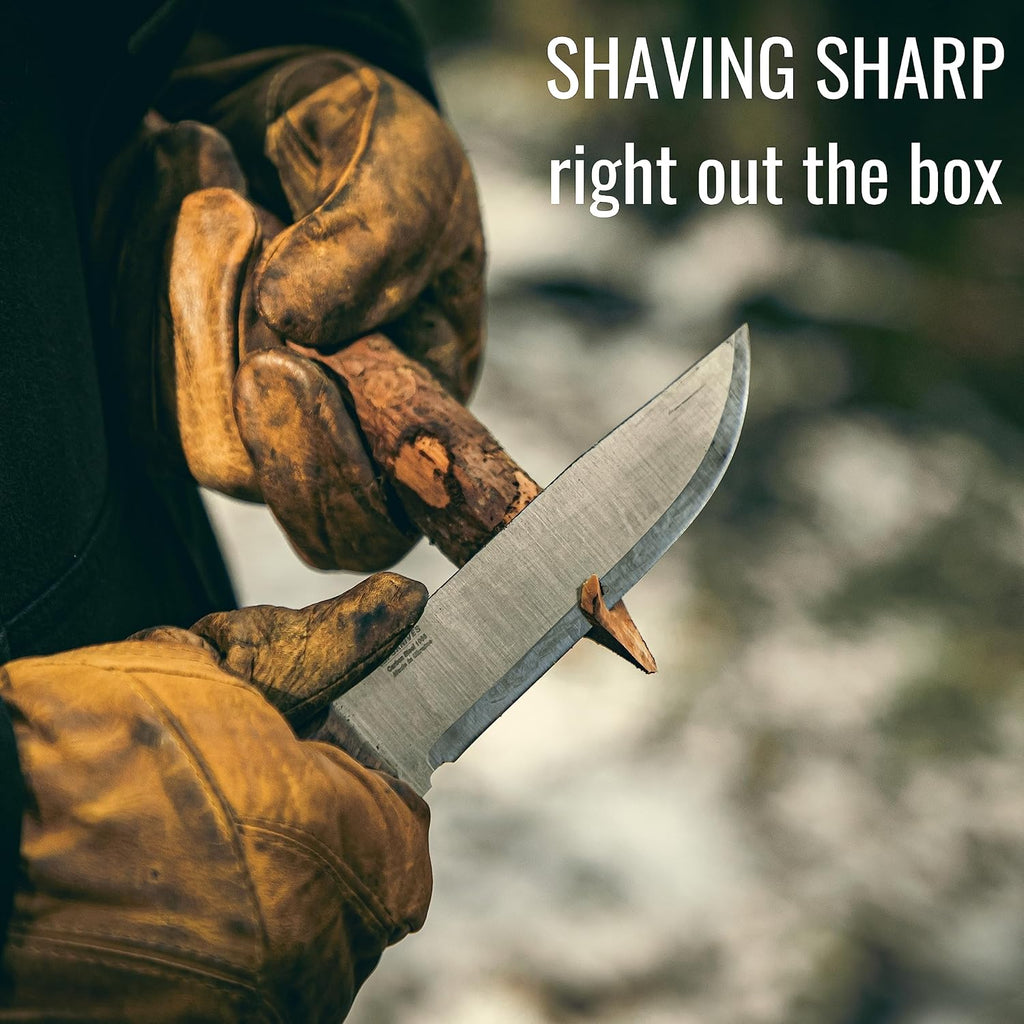 Adventurer - Bushcraft Knife - Fixed-Blade Carbon Steel Knife with Leather Sheath and Firestarter - Outdoor Full Tang