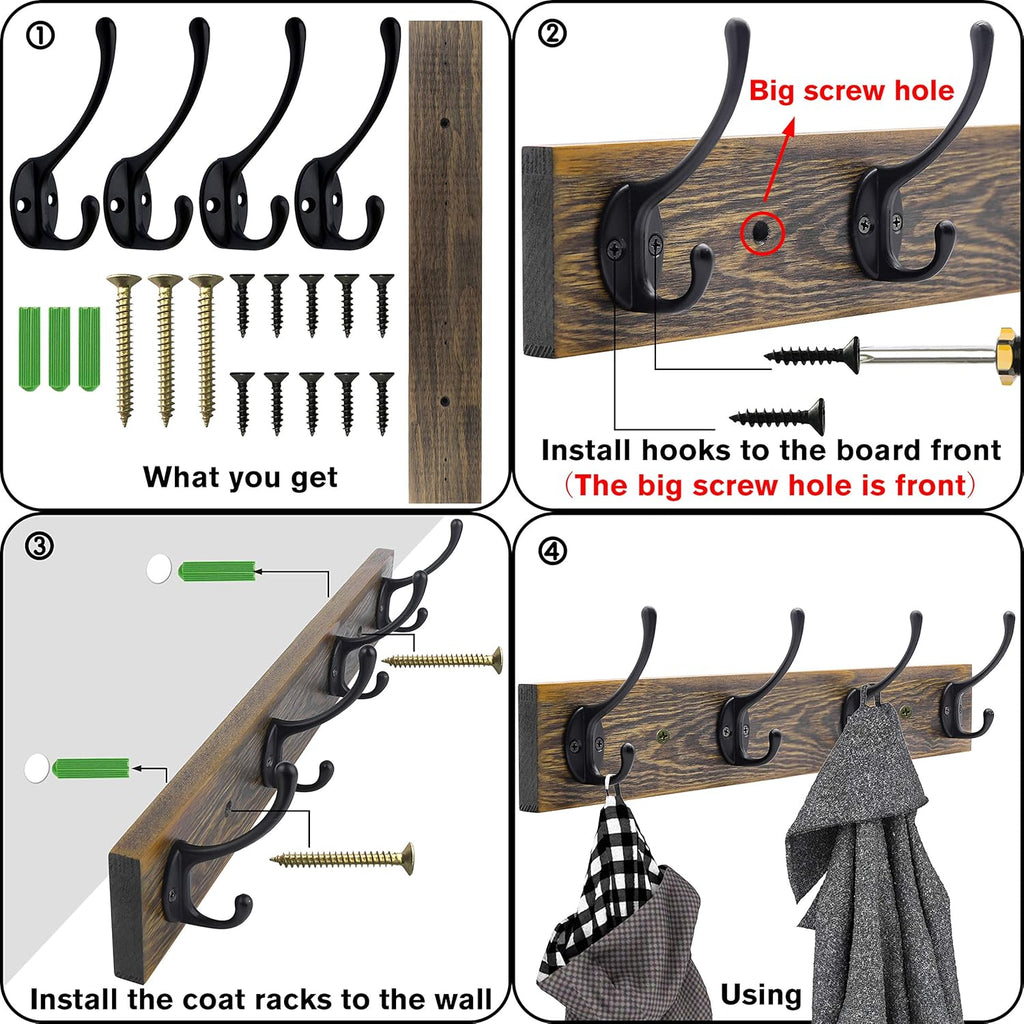 Wall Mounted Coat Rack, Entryway Hanging , Metal Wood Rack with 4 Black Literary Rustic Hooks Rail for Scarf, Bag