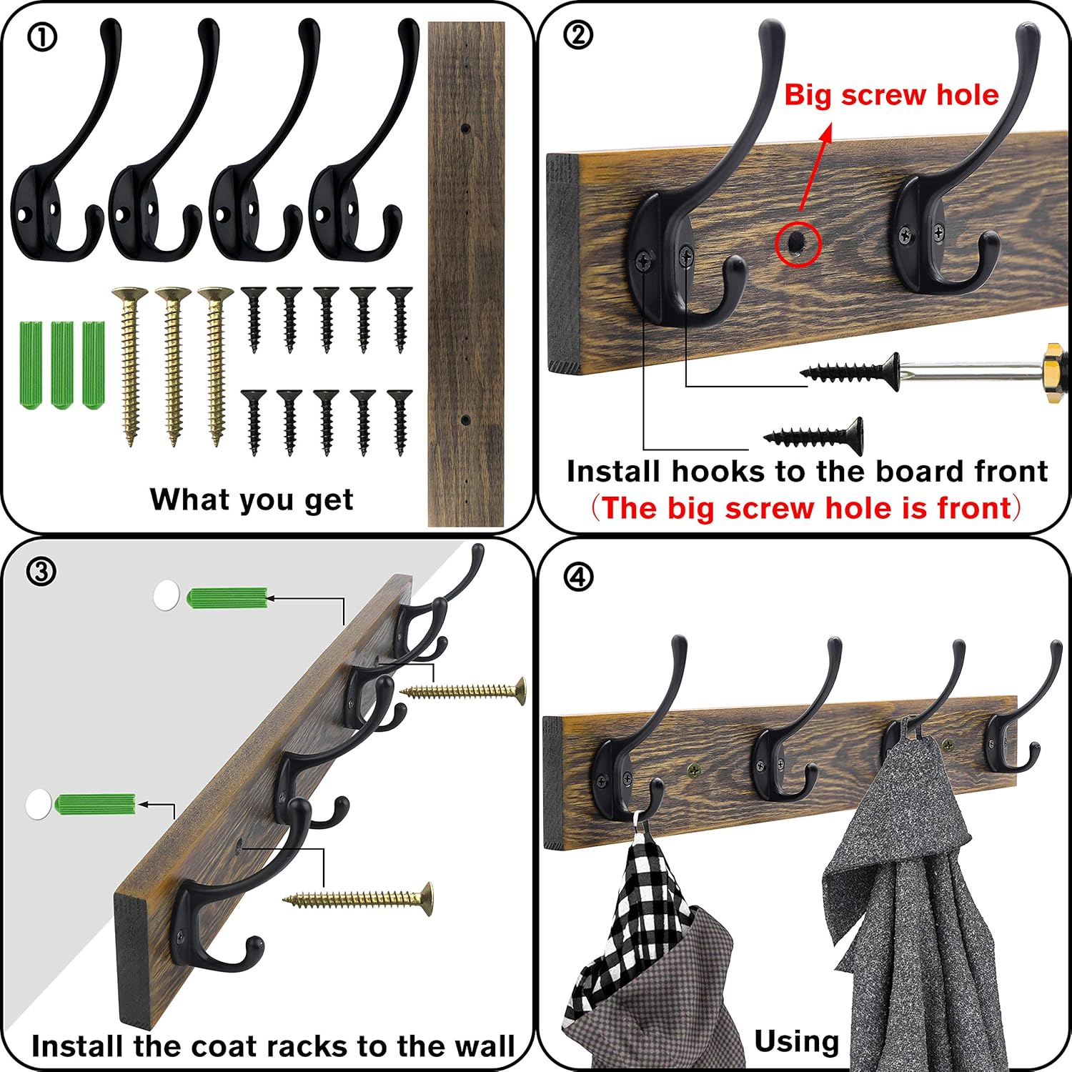 Wall Mounted Coat Rack, Entryway Hanging , Metal Wood Rack with 4 Black Literary Rustic Hooks Rail for Scarf, Bag