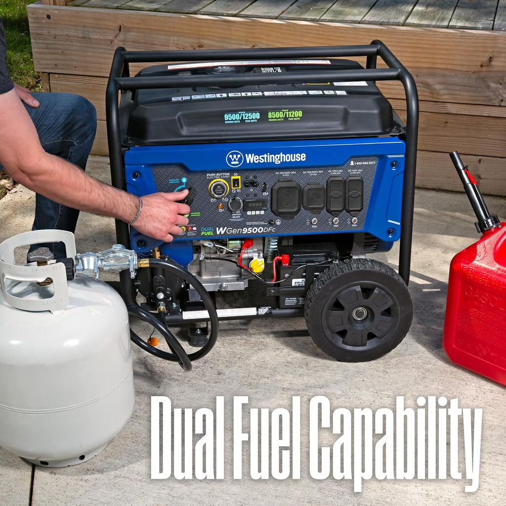 12500 Peak Watt Dual Fuel Home Backup Portable Generator, Remote Electric Start, Transfer Switch Ready, Gas and