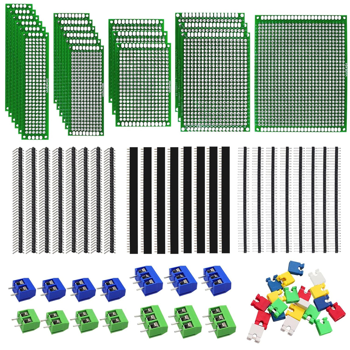82 Piece Double Sided PCB Board Kit with 5 Sizes,40Pin 2.54mm Male & Female Header Connectors - Ideal for DIY Soldering,Electronic Projects, Arduino Kits,and Circuit Prototyping