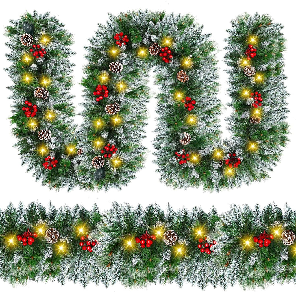 Christmas Garland with Lights - 9FT Pre-Lit Flocked Garland with 30 LED Bulbs, Red Berries, Pine Cones, Artificial