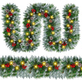 Christmas Garland with Lights - 9FT Pre-Lit Flocked Garland with 30 LED Bulbs, Red Berries, Pine Cones, Artificial