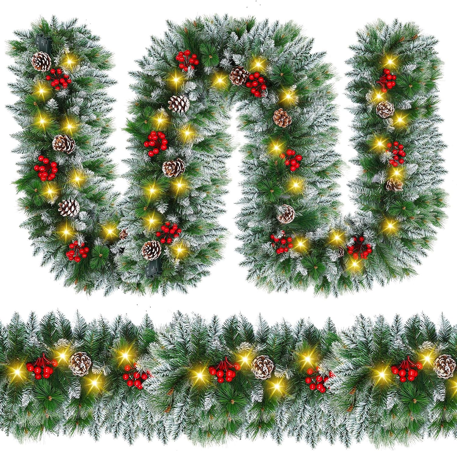 Christmas Garland with Lights - 9FT Pre-Lit Flocked Garland with 30 LED Bulbs, Red Berries, Pine Cones, Artificial