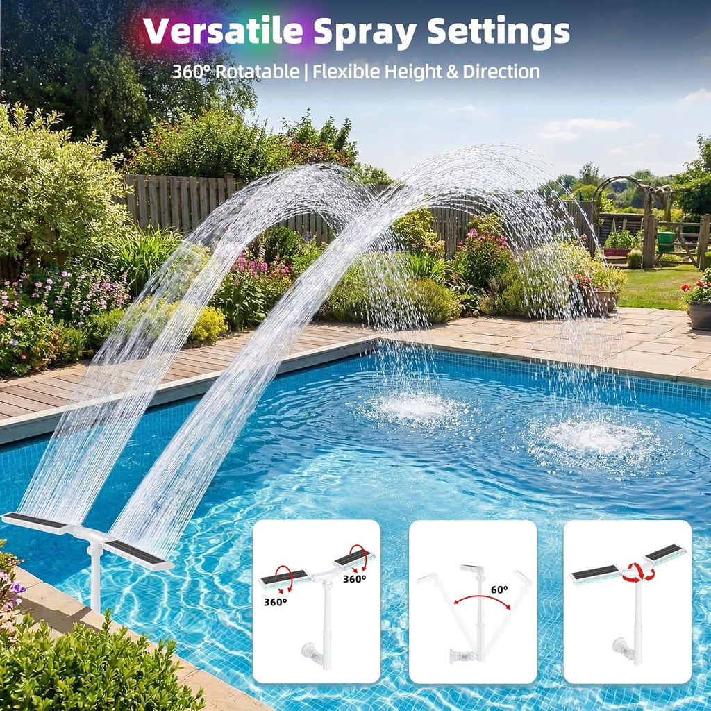 Solar Pool Fountain, 22'' Height Dual-Head Adjustable Spray, Auto Dusk Sensor & 6 Timer Option, Extended 8000mah