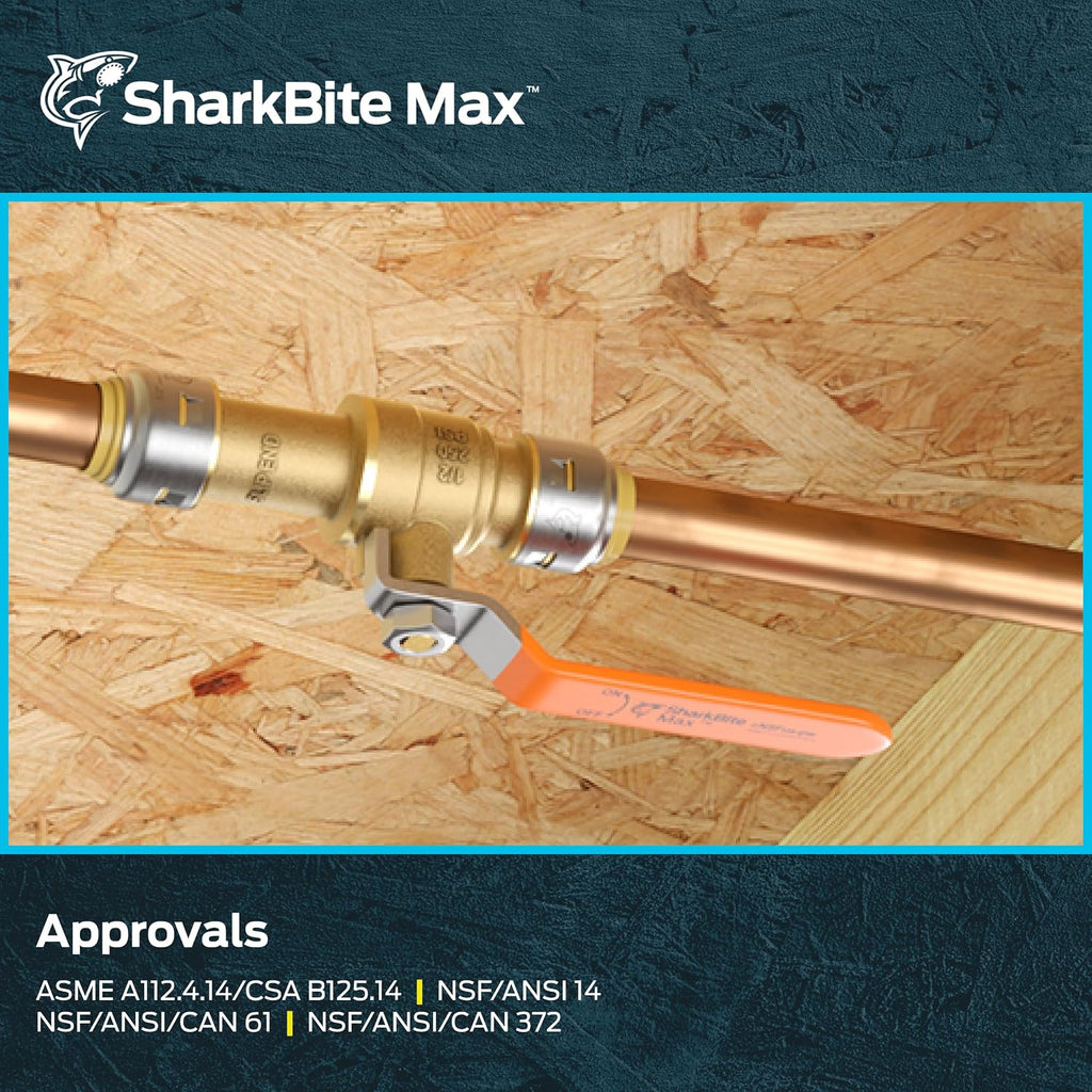 SharkBite Max 3/4 Inch Slip Ball Valve, Push to Connect Brass Plumbing Fitting, PEX Pipe, Copper, CPVC, PE-RT, HDPE, UR24736