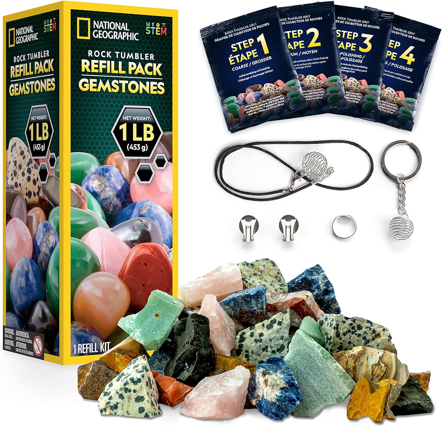 National Geographic Rock Tumbler Refill Kit with 1 Lb. Gemstone Mix | 1 Lb. Gemstone Mix, 9 Varieties, Tiger's Eye