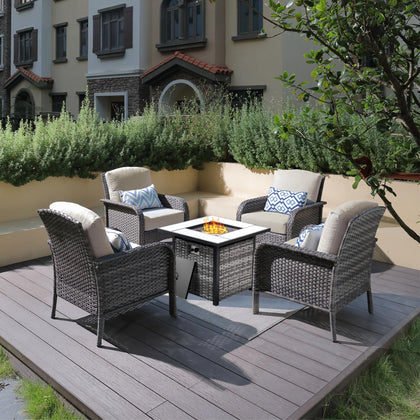 5 Pieces Patio Furniture Set, Outdoor Wicker Sofa with Chairs Fire Pit Table, High Back Rattan Chair with Comfy
