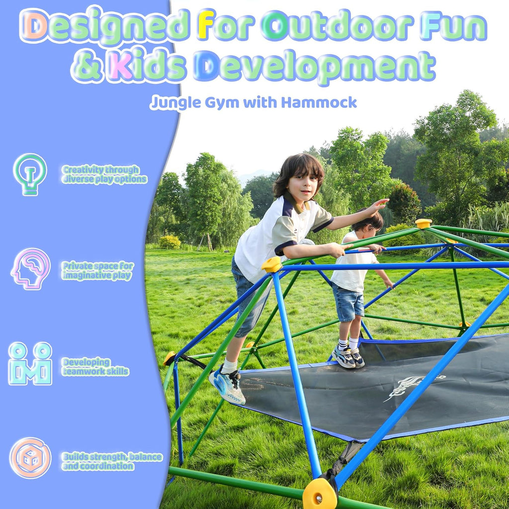 10FT Climbing Dome with Hammock, Outdoor Jungle Gym for Kids, Geometric Dome Climber Supporting 880 Lbs Anti-Rust