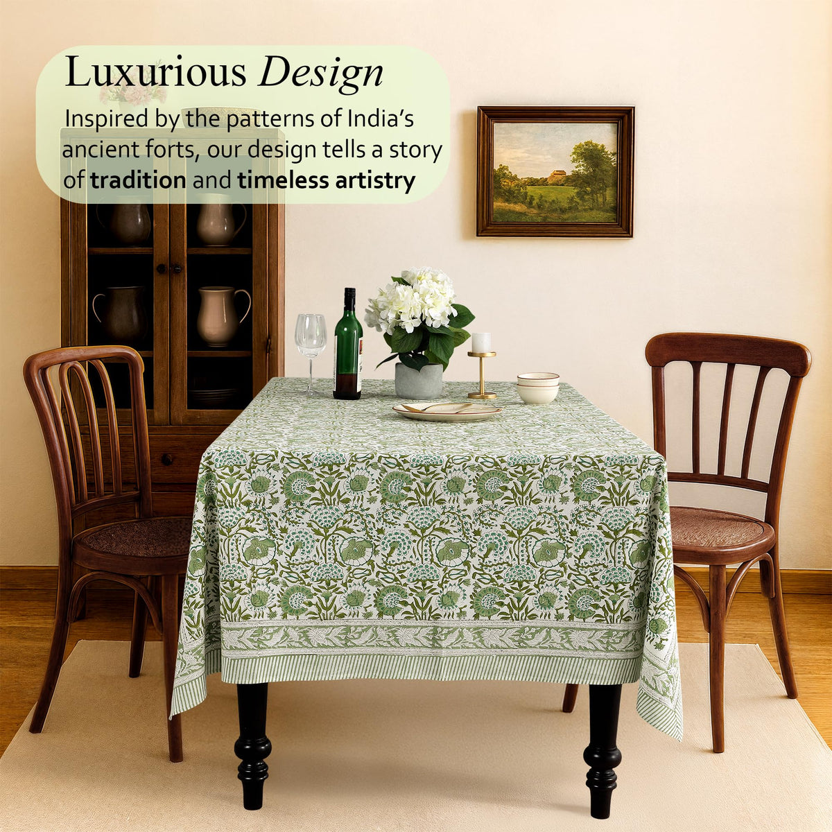 CPC Agate Green Block Print 100% Cotton Square Tablecloth 60x60 Inch