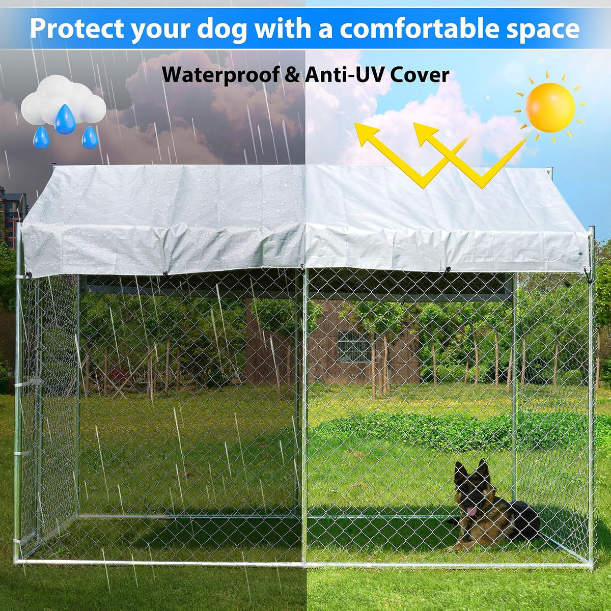 10x6x7.7ft Large Dog Kennel Outdoor, Heavy-Duty Outside Dog Kennel with Roof, Security Latch-Lock Door, Chain-Link
