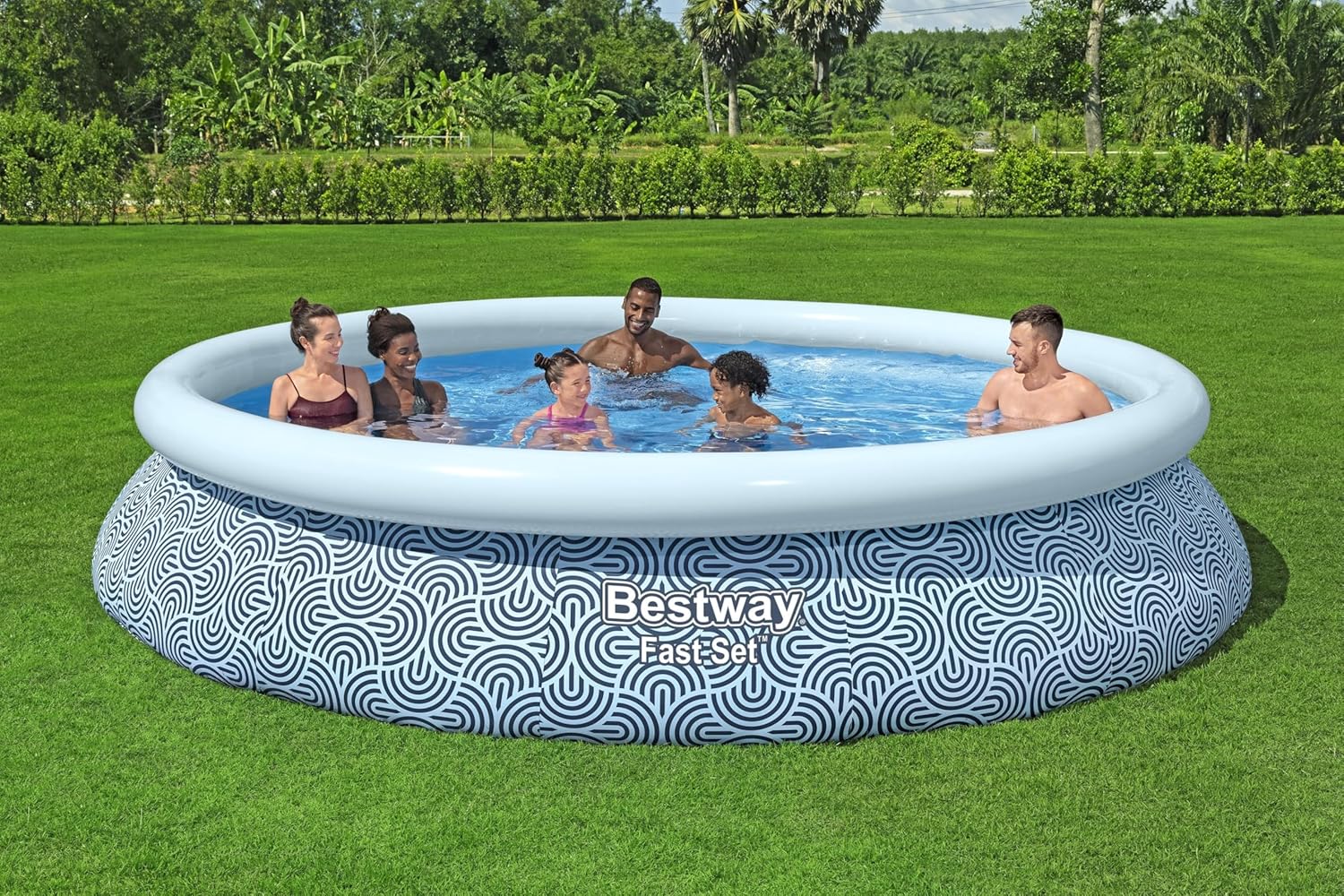 Fast Set 13' x 33" Round Inflatable Above Ground Swimming Pool Set, Outdoor Family Pool with Filter Pump, Rattan Print