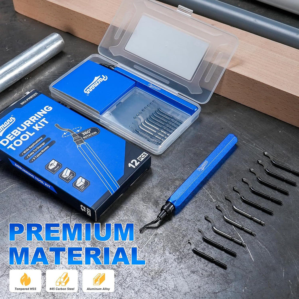 Deburring Tool, 11 High-Speed Steel Blades, 360-Degree Rotary Head
