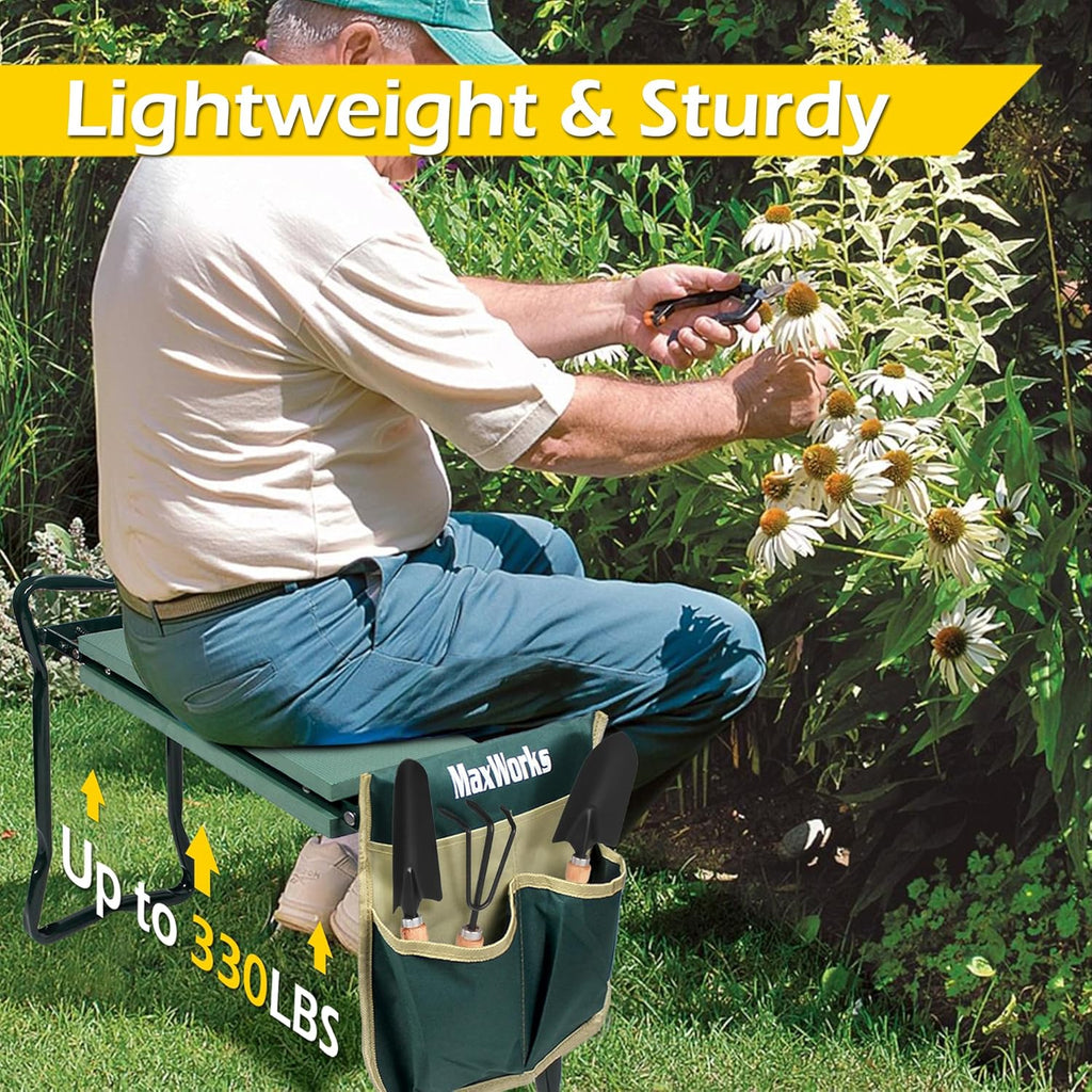 50921 Folding Garden Kneeler Stool with 8 inch Wide Kneeling Pad, with 1 Tools Pouch for Planting and Gardening