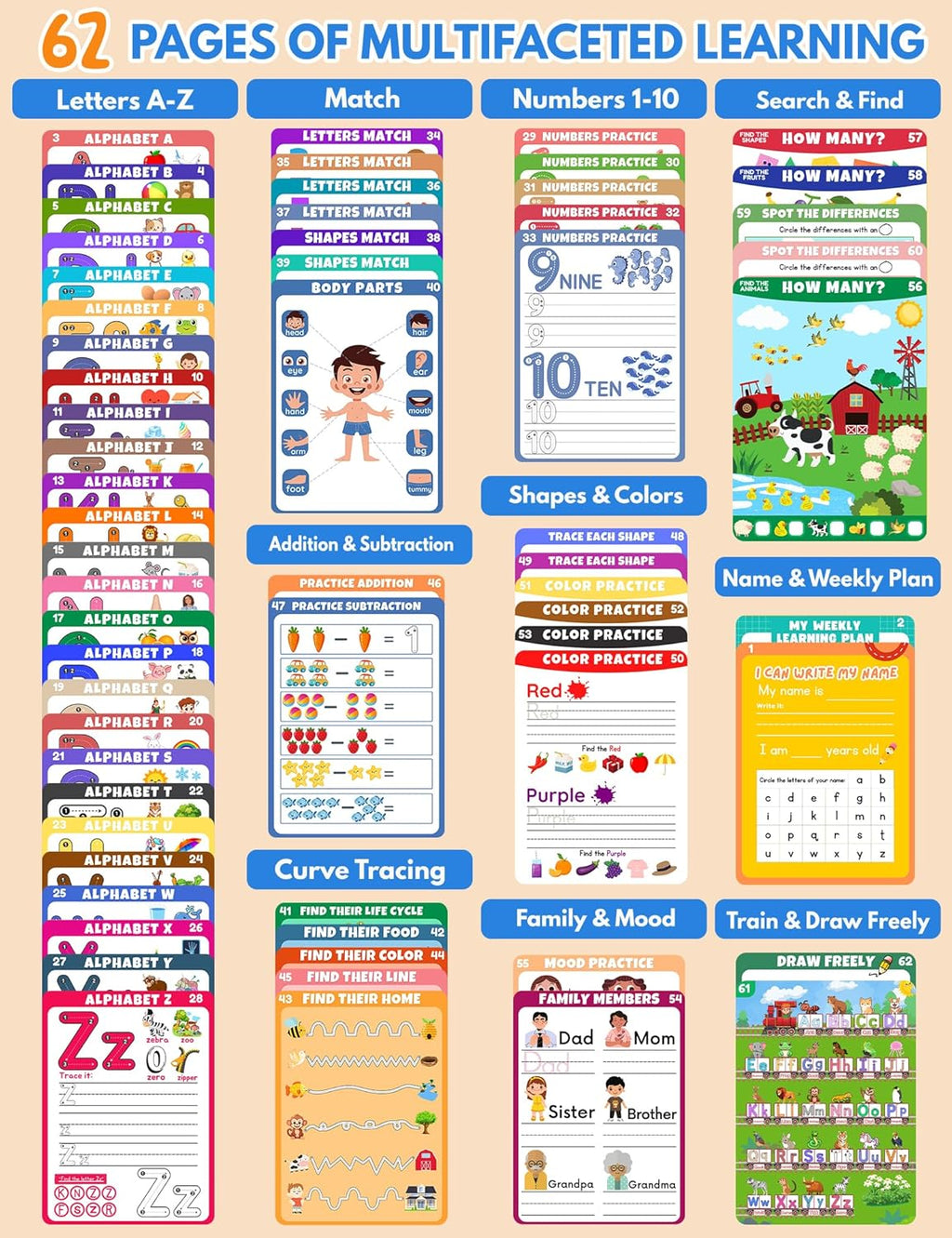 Preschool Learning Activities Educational Workbook, 62 Reusable Pages Pre Kindergarten Workbooks, Number Letter