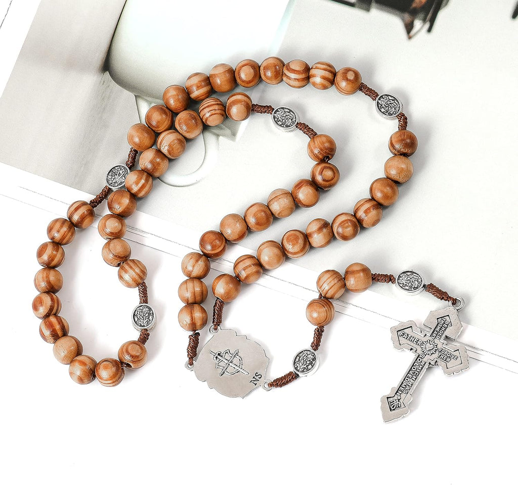 Nazareth Store Sacred St Michael Wood Beads Rosary Solid Wooden Prayer Chaplet with Cross Saint Medal & Silver Pardon