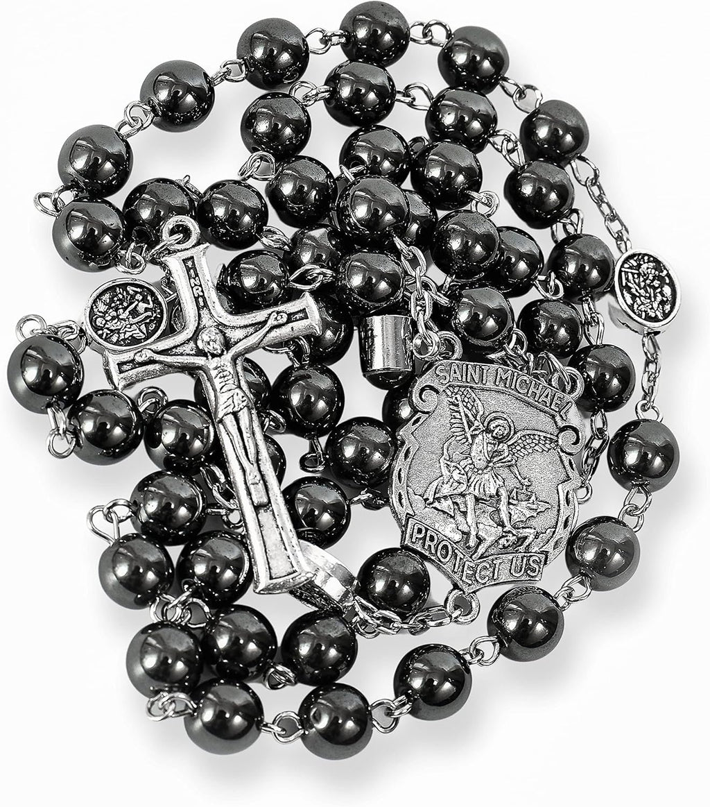 Nazareth Store Hematite Rosary Black Stone Beads Necklace Projection Our Father Prayer Medal with St. Michael