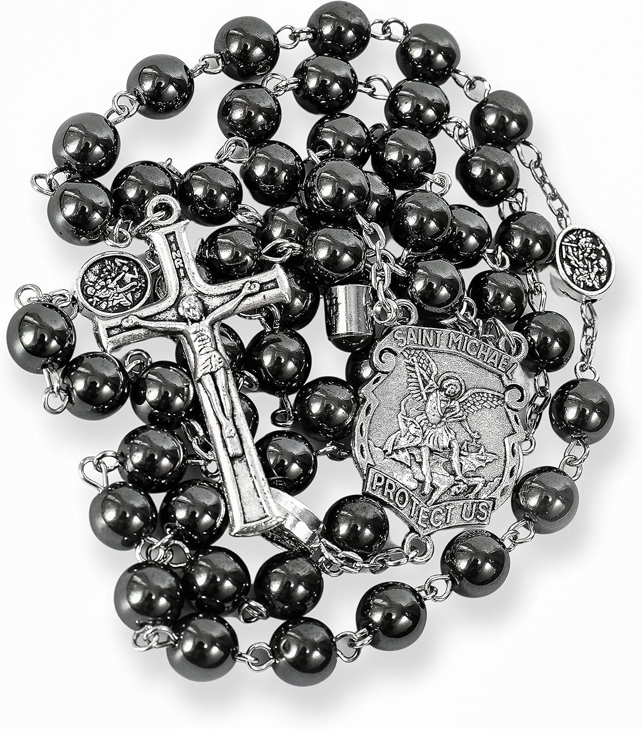 Nazareth Store Hematite Rosary Black Stone Beads Necklace Projection Our Father Prayer Medal with St. Michael