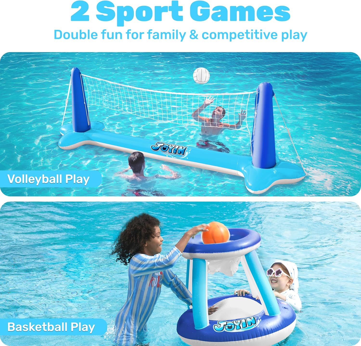 Inflatable Volleyball Net & Basketball Hoops Pool Float Set; Balls Included for Kids/Adults, Summing Pool Game