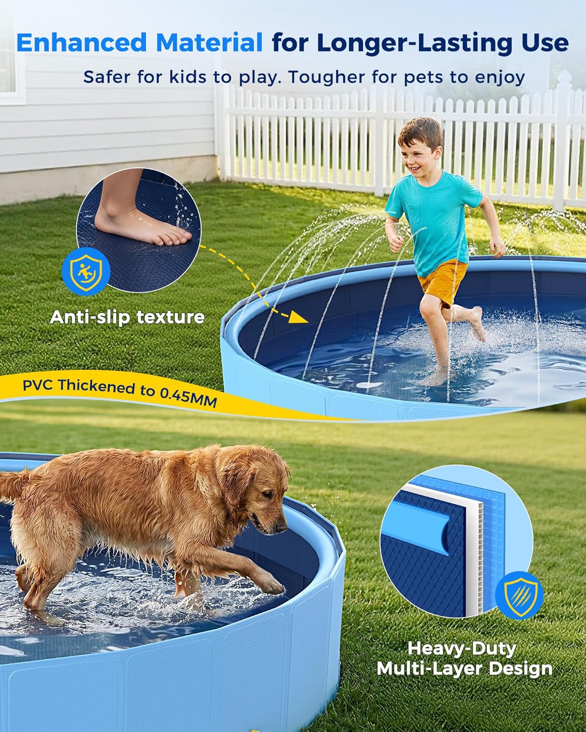 117" Extra Large Dog Pool with Sprinkler, Heavy Duty Foldable Hard Plastic Kiddie Pool, Non-Slip Collapsible Swimming
