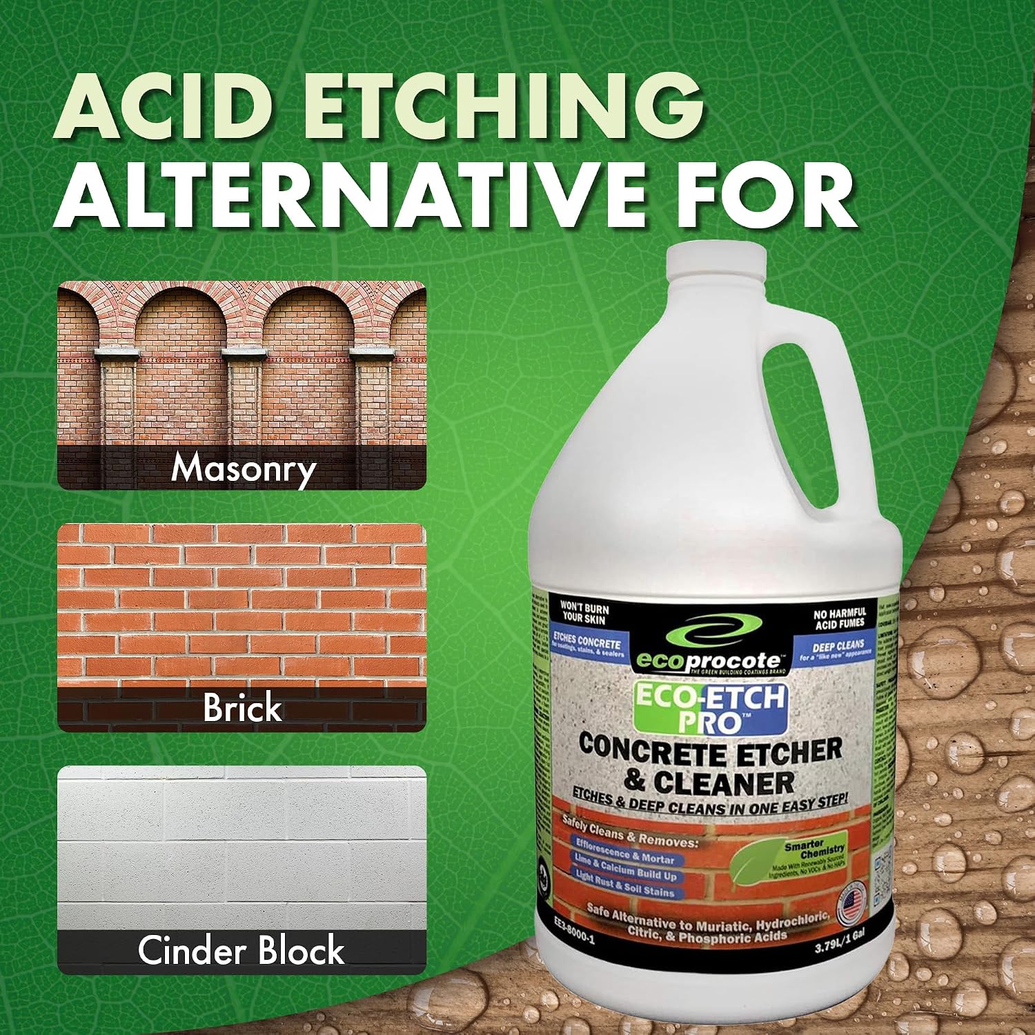 Eco Etch Pro Concrete Cleaner & Etcher Dissolver, Non-Toxic & Safe,1 Gallon | Efflorescence, Rust & Dirt Remover from
