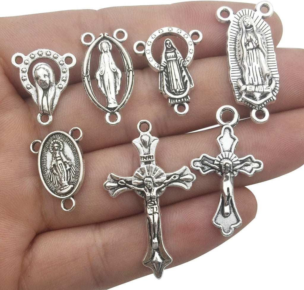 100g (60pcs) Antique Silver Cross Jesus Maria Our Lady Miraculous Centerpiece Crucifix Medal Charms Pendants for