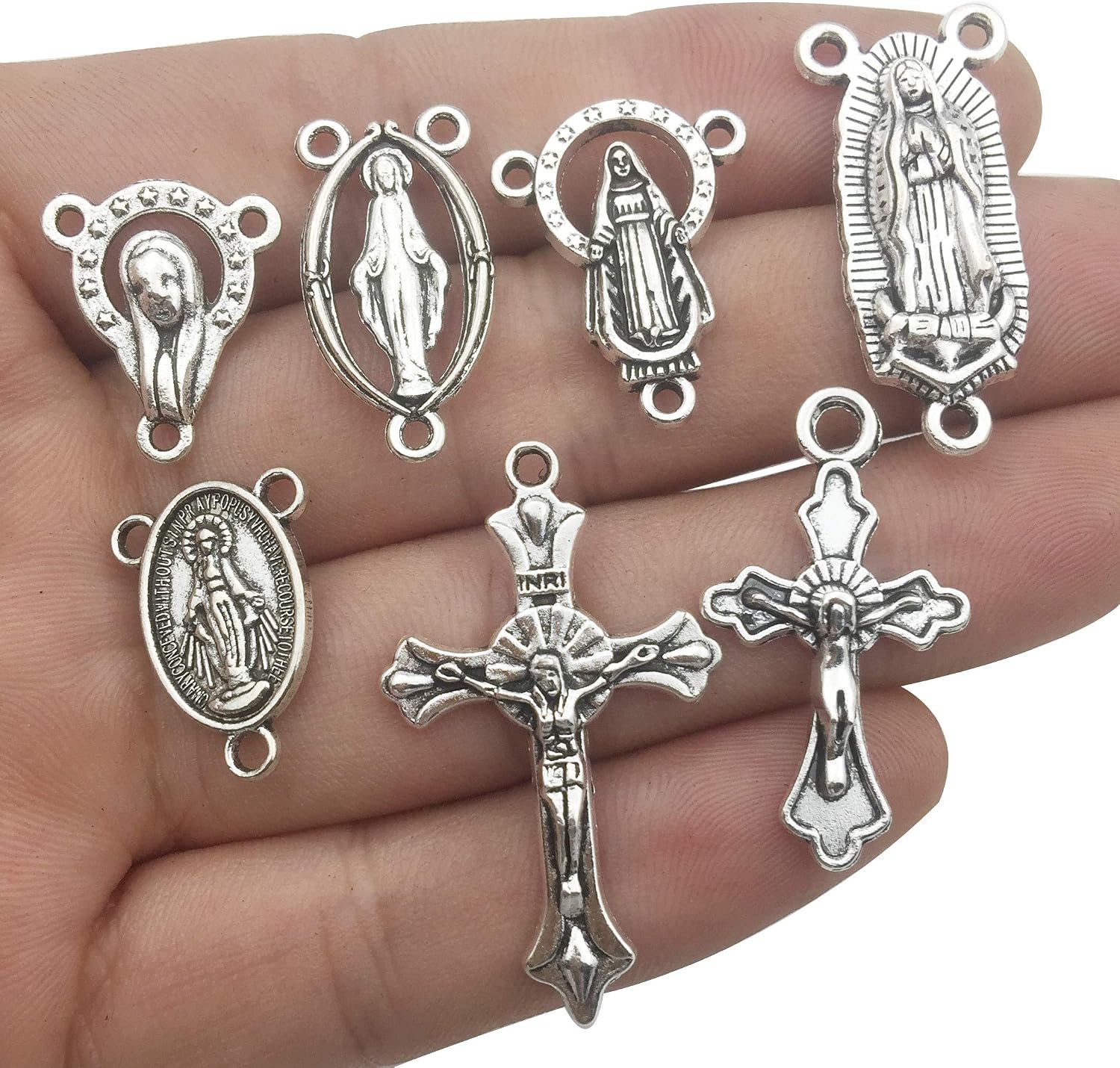 100g (60pcs) Antique Silver Cross Jesus Maria Our Lady Miraculous Centerpiece Crucifix Medal Charms Pendants for