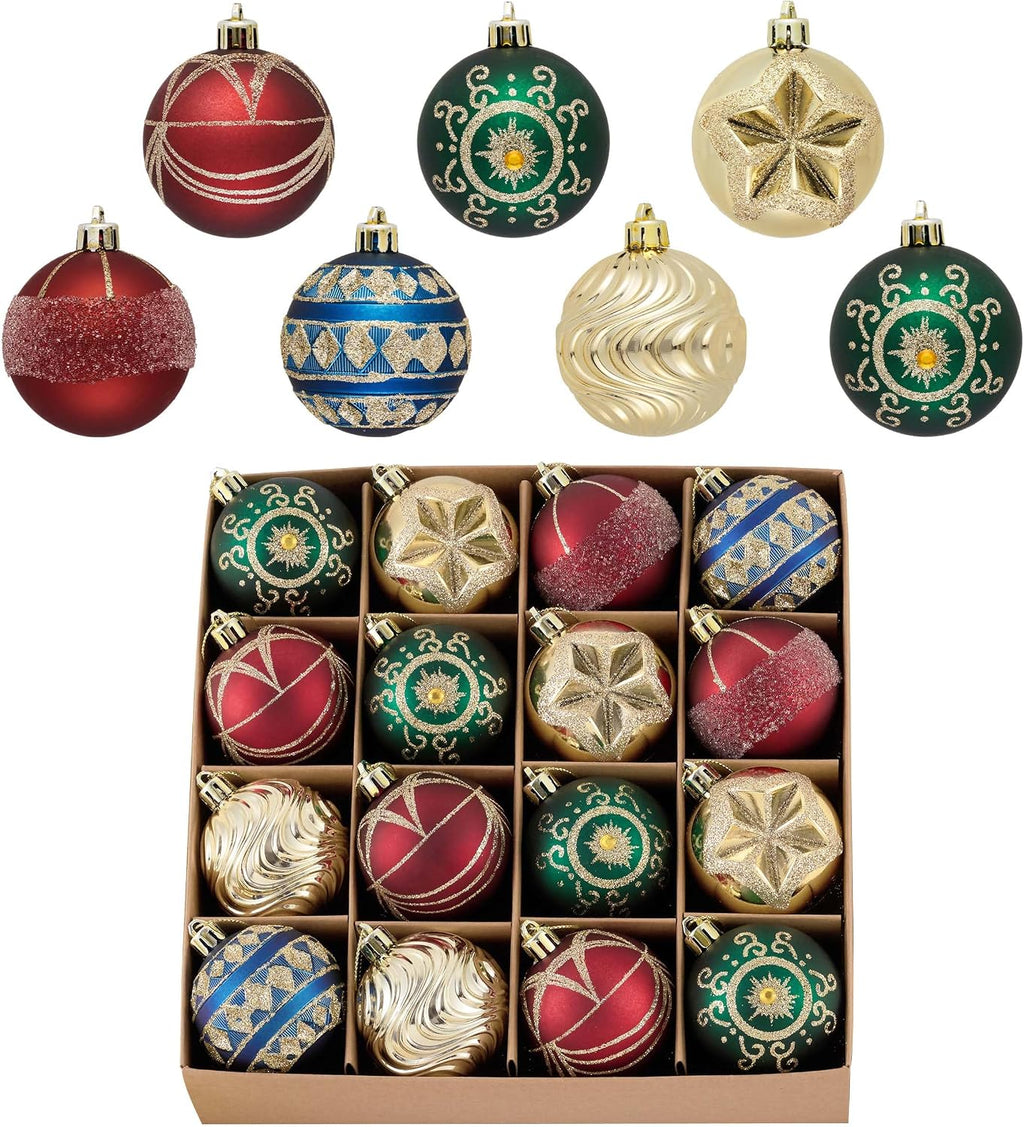 Ornaments for Christmas Tree Decorations, 16ct 2.36 Inches Red Green Blue and Gold Shatterproof Christmas Ornaments