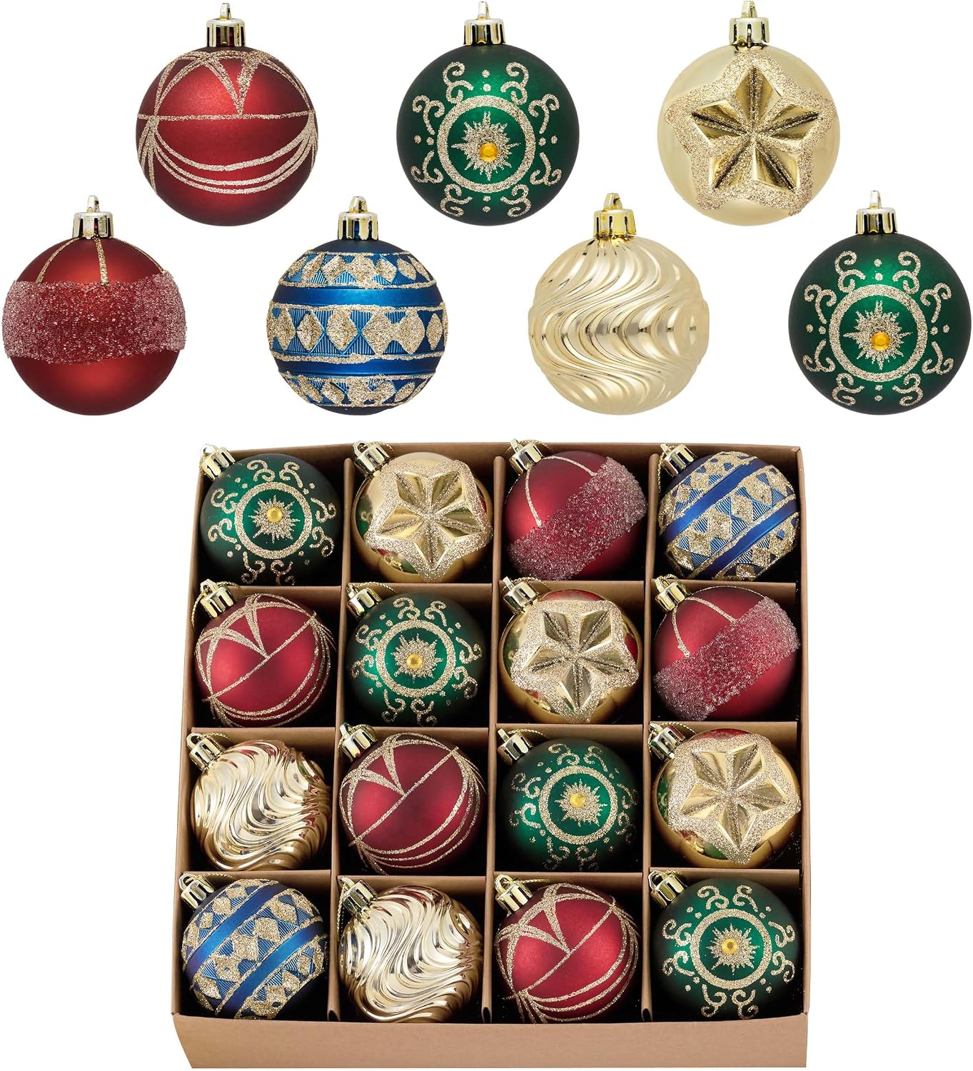 Ornaments for Christmas Tree Decorations, 16ct 2.36 Inches Red Green Blue and Gold Shatterproof Christmas Ornaments