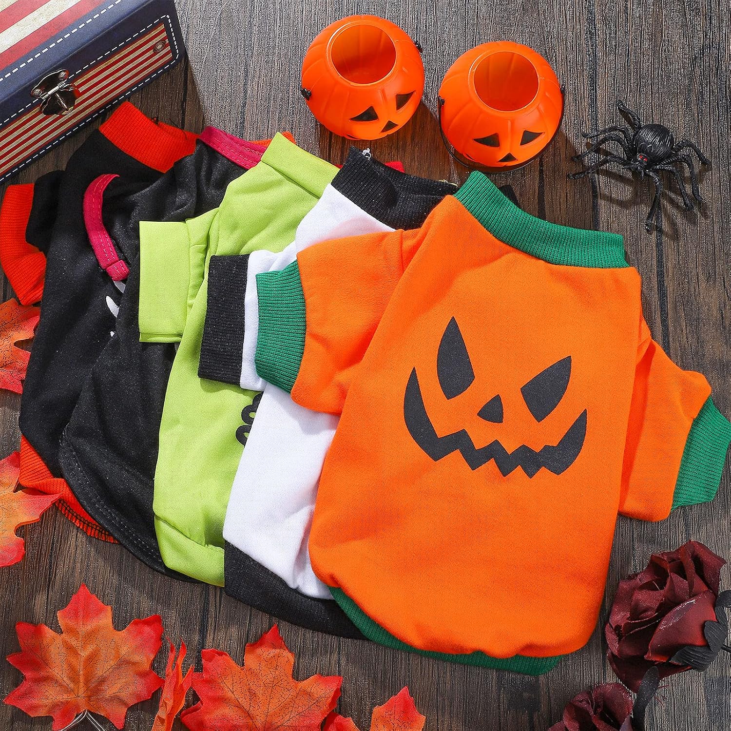 5 Pcs Halloween Dog Shirt & Clothes - Pumpkin Ghosts Skeletons Pet Costume - Funny Scary Dog Apparel - Party Cosplay