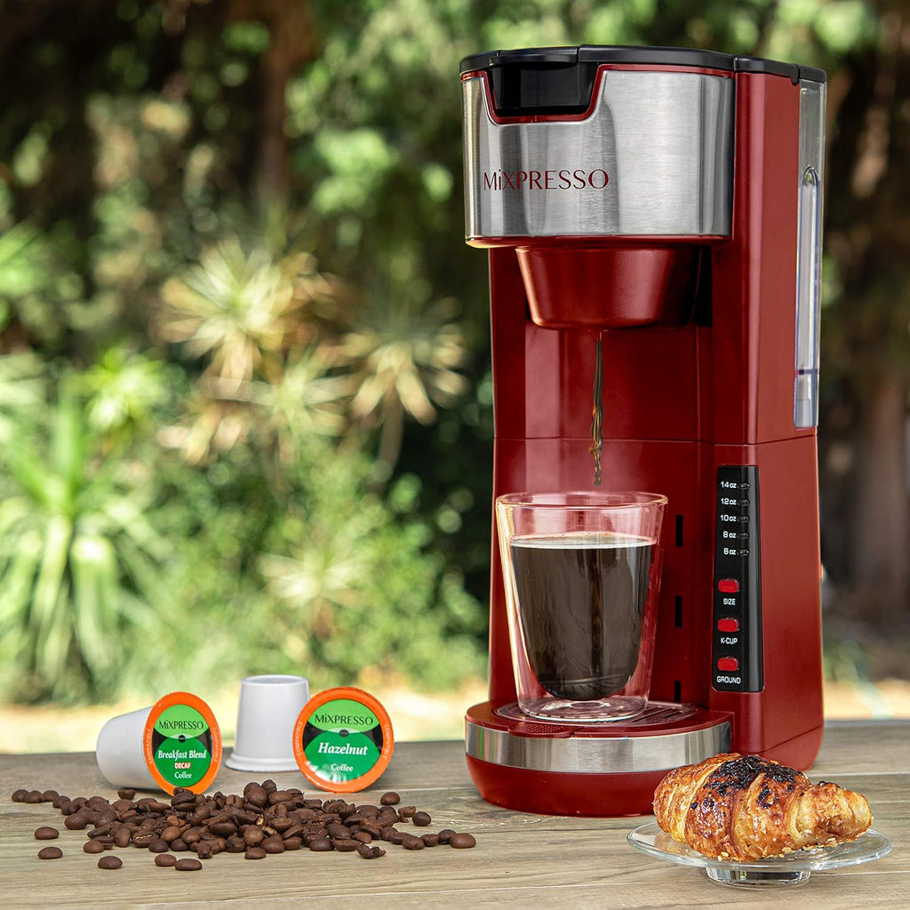 Red Single Serve Coffee Brewer K-Cup Pods Compatible & Ground | 30 oz Compact Coffee Maker Single Serve With 5 Brew