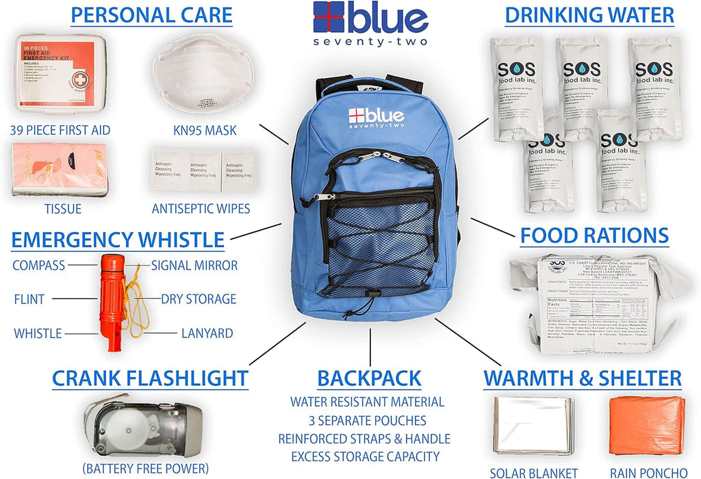 Blue Seventy-Two | 72 Hour Emergency Backpack Survival Kits for 1 Person | Survival Kit for Wildfires, Earthquakes