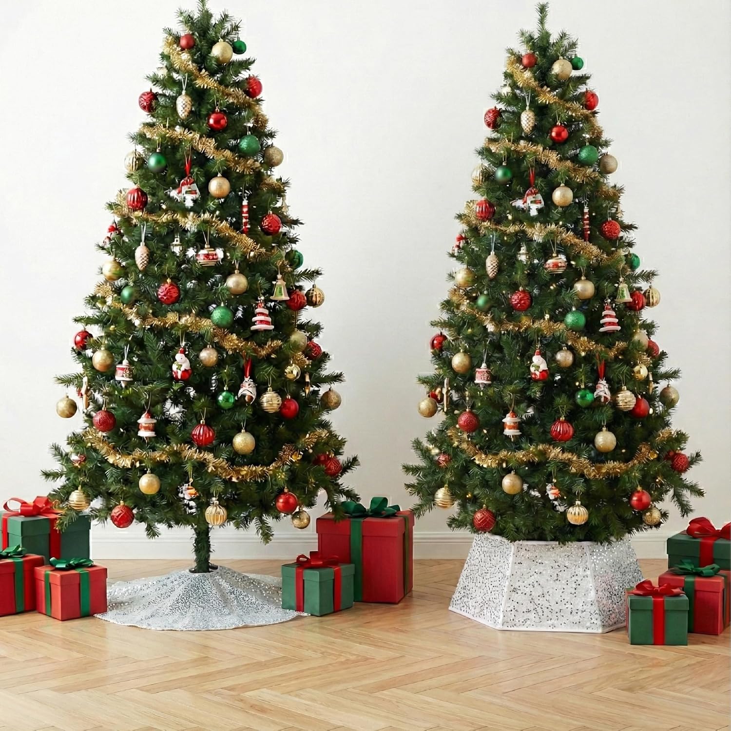 Silver Sequin Christmas Tree Skirt and Tree Collar | 24 Inch Base Cover, 24.8 Inch Foldable Sparkling Sequin Trees