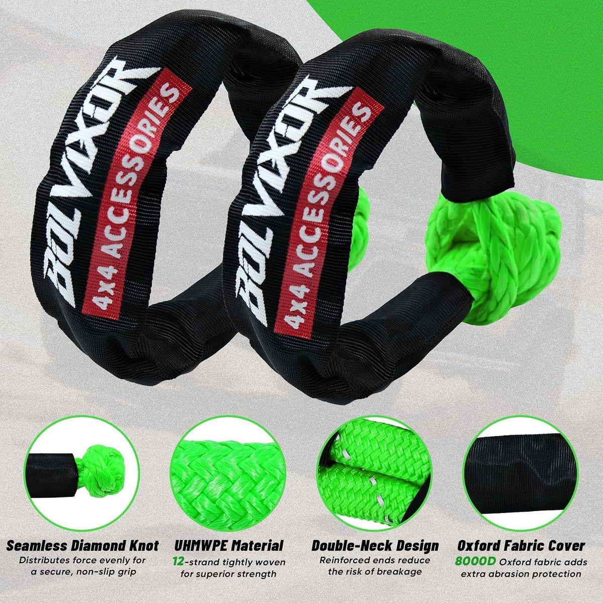 Kinetic Tow Rope with 2 Soft Shackles, 1" x 30', 48,500 LBS Break Strength
