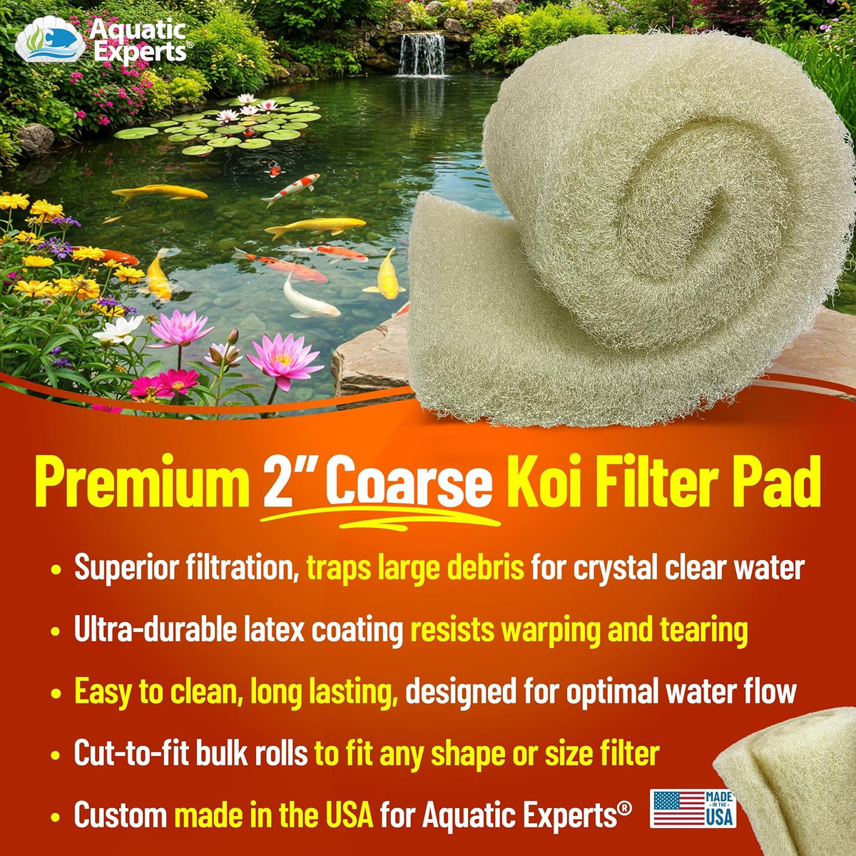 Cream COARSE Pond Filter Pad - 2 inch Thick - Bulk Roll Water Garden Filter Pond Media - Made in USA, (12" x 36")