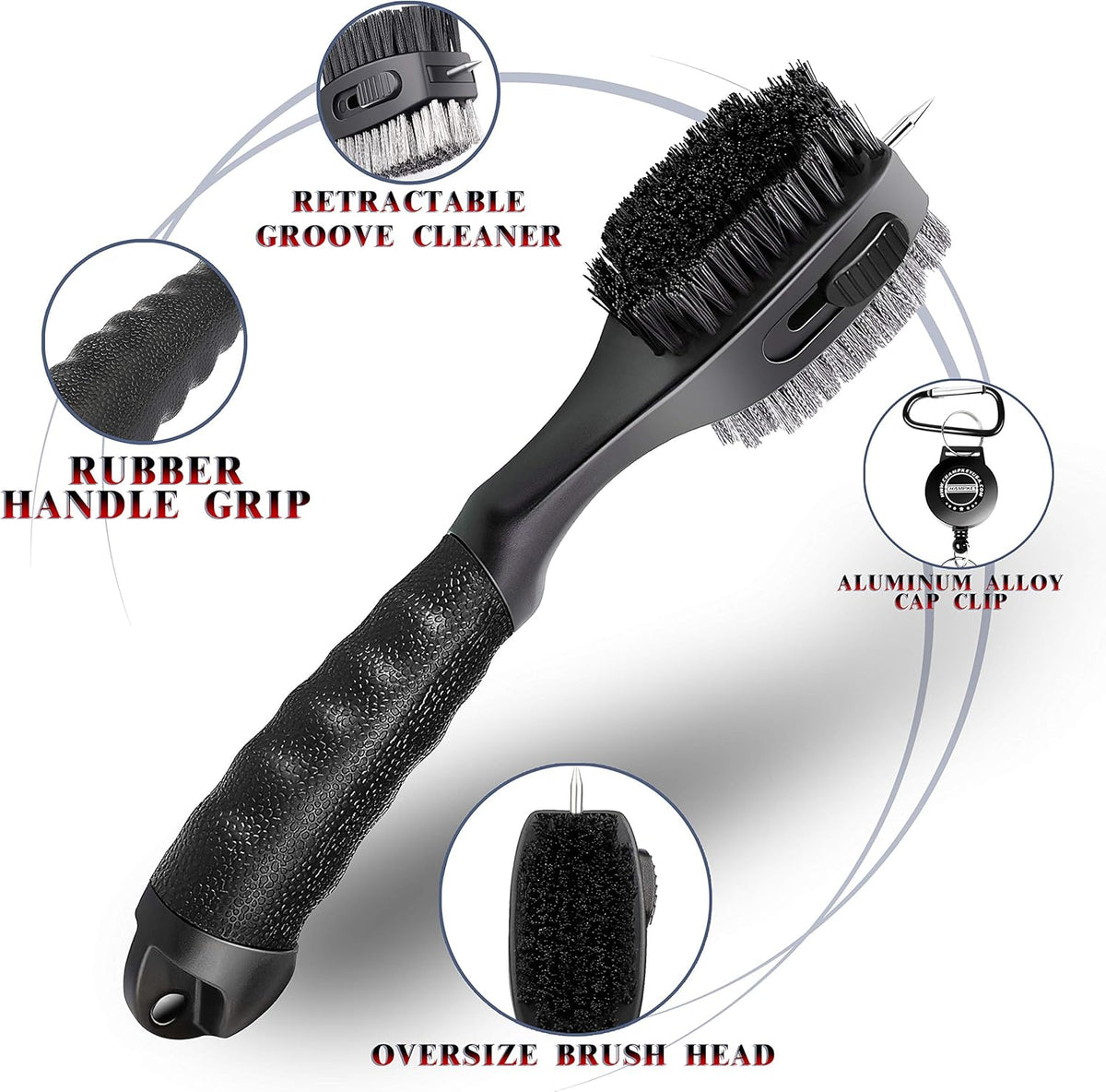 PRO Retractable Golf Club Brush - Oversized Brush Head with Soft Rubber Hand Grip & Retractable Groove Cleaner Golf