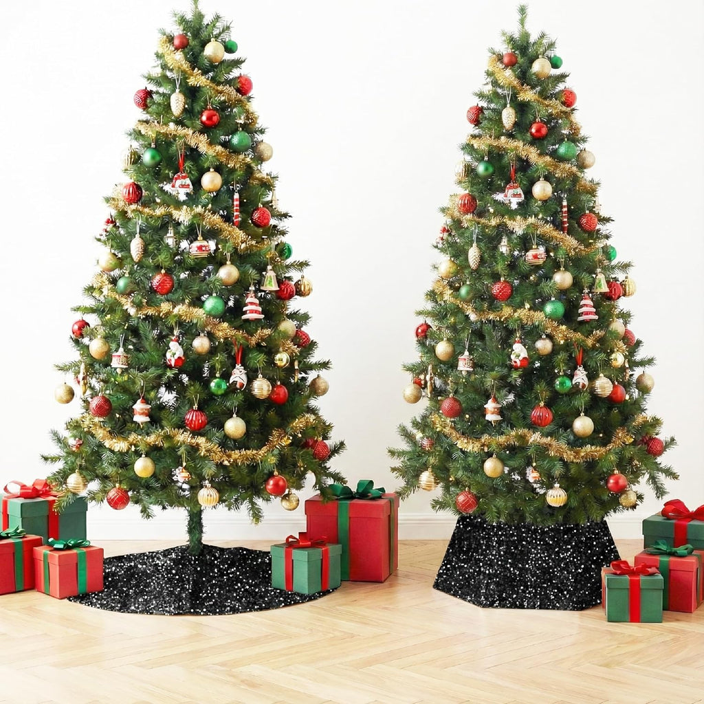 Sequin Christmas Tree Skirt and Tree Collar | 36 Inch Sparkly Base Cover, 24.8 Inch Foldable Sparkling Sequin Trees