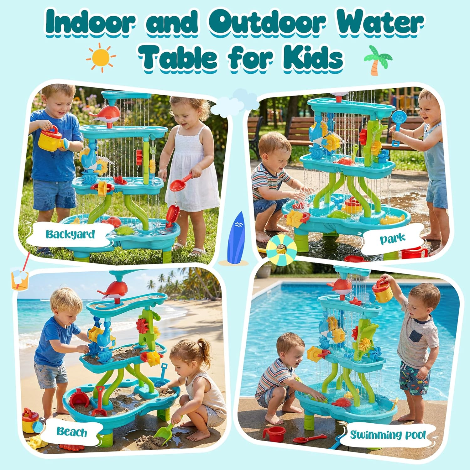 4 -Tier Kids Sand and Water Table for Toddlers - Outdoor Water Sand Play Table Toys for Boys Girls, Summer Splash