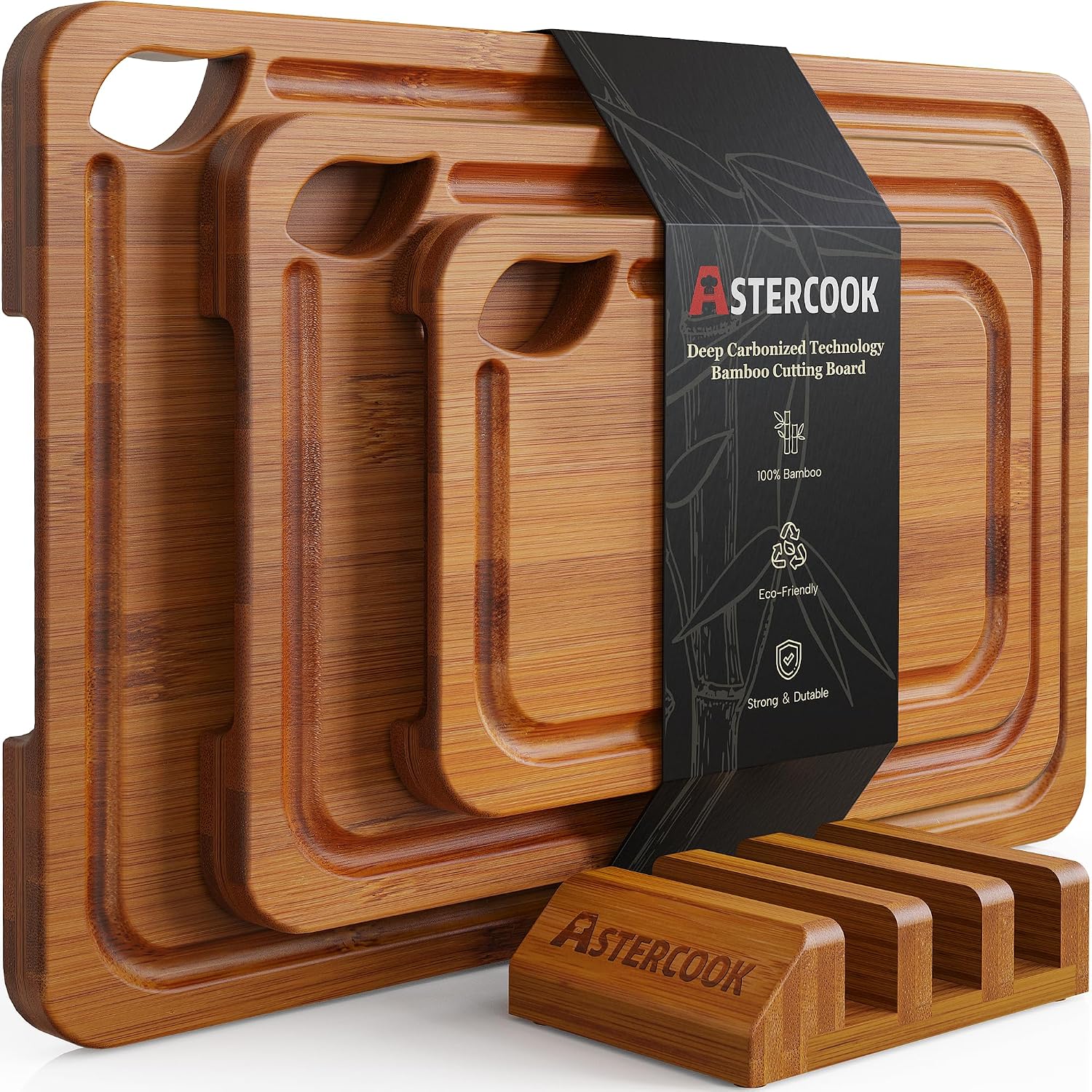 Deep-Carbonized Bamboo Cutting Boards for Kitchen with Wood Storage Stand, Reversible Charcuterie & Chopping Boards