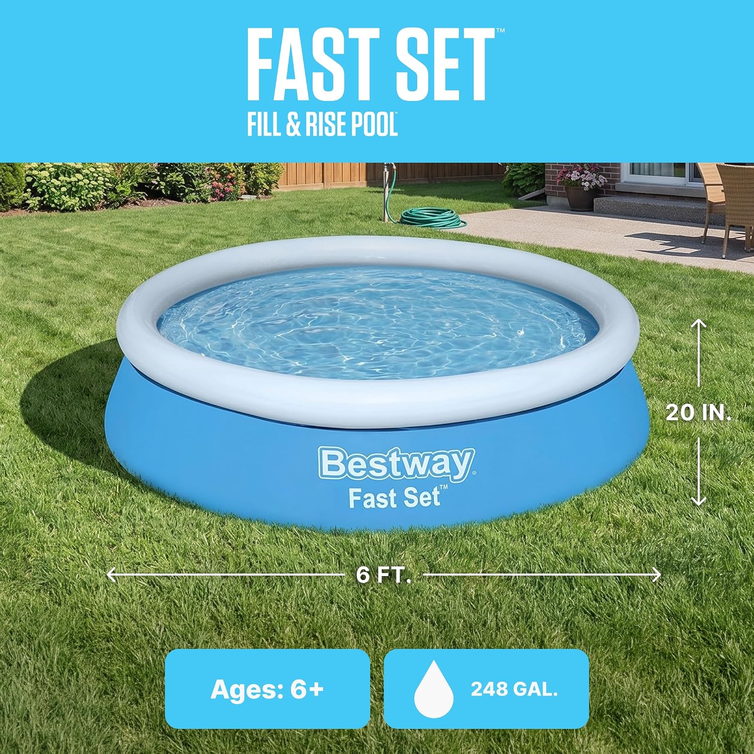 Fast Set Inflatable Above Ground Pool | 6' x 20" Round | Puncture-Resistant Tritech Material | 248 Gal Capacity |