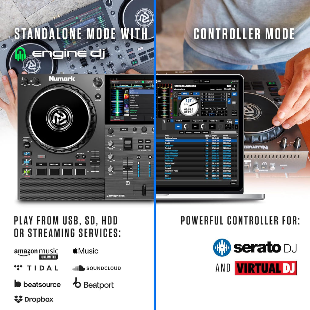 Mixstream Pro Go Portable DJ Controller | Battery-Powered Standalone DJ Mixer with Stem Separation, Wi-Fi Streaming